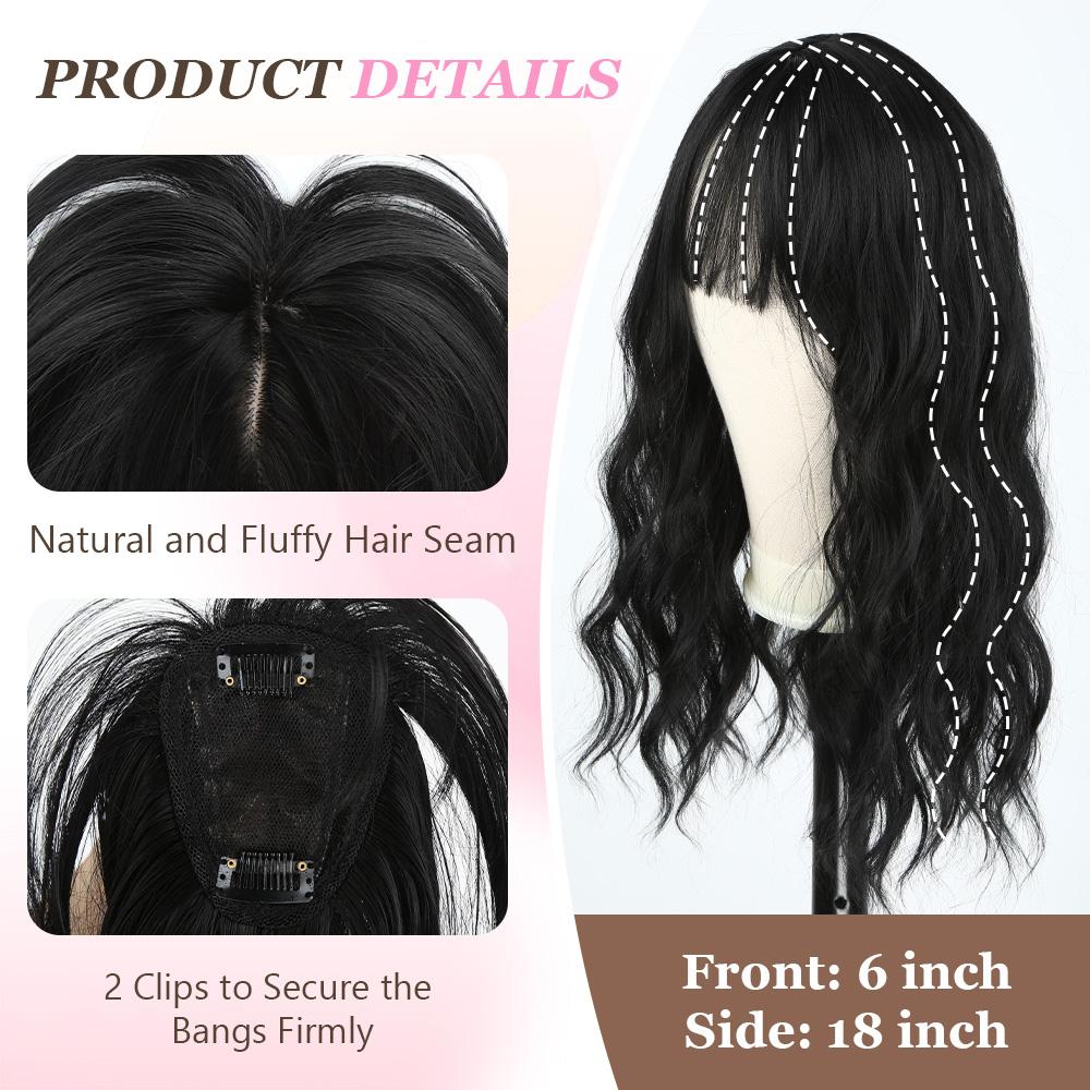 Auvzy Clip in Bangs Mini Wavy Hair Topper with Bangs 18inch Natural Looking Synthetic Clip Fringe for Thinning Hair Daily Wear Quick Styling Curly Wave