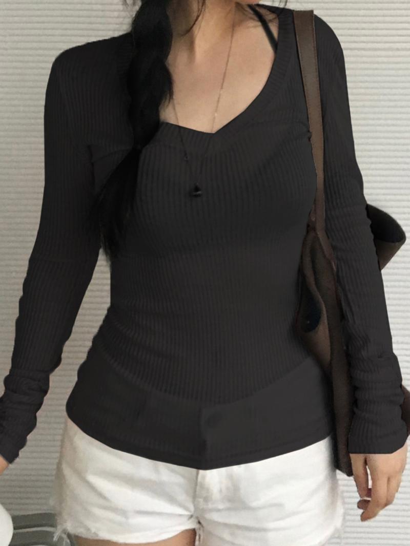 Women's Solid V Neck Long Sleeve Tee, Casual Basic T-shirt for Fall & Winter, Women's Top for Daily Wear