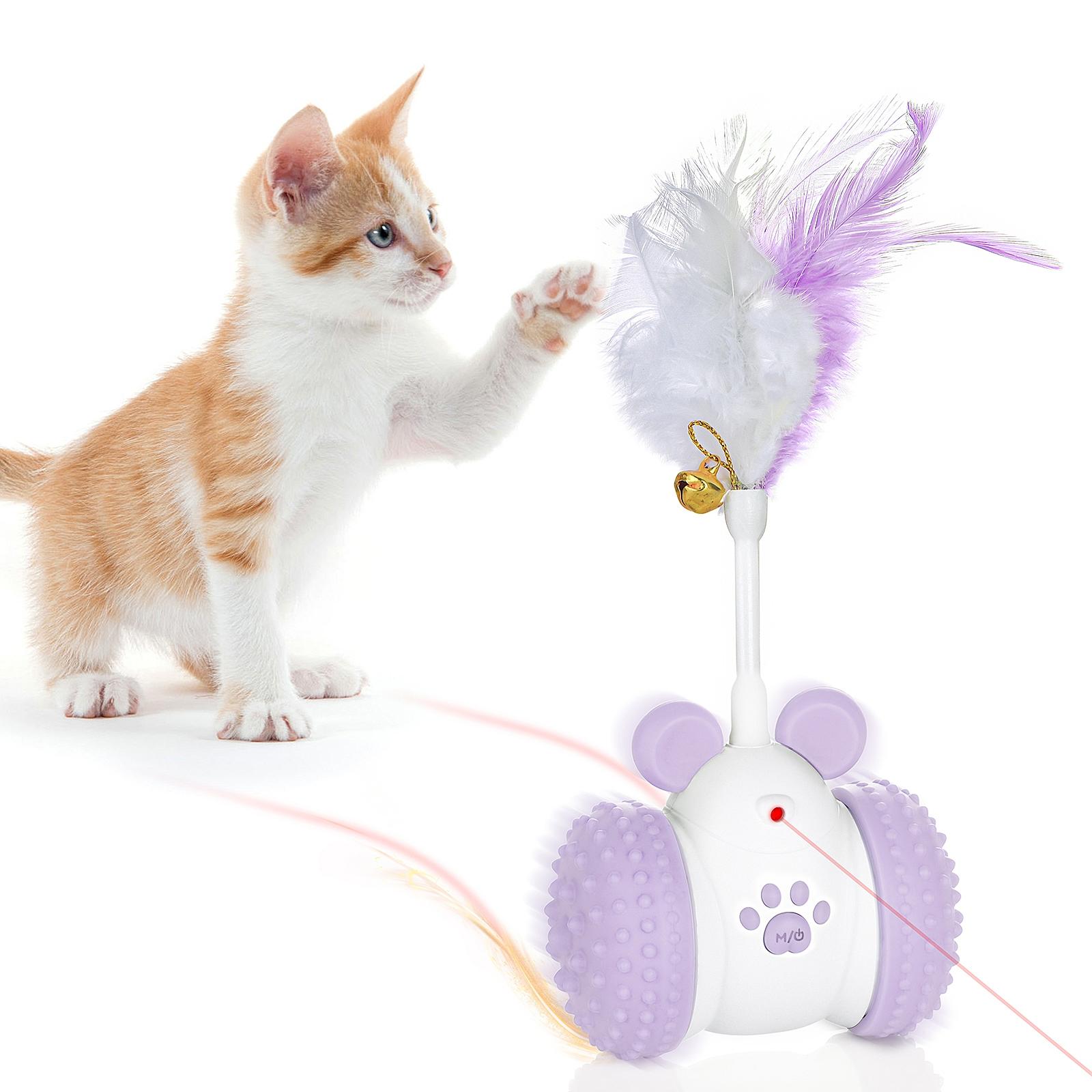 Smart Cat Toy with Laser & Feather, 360° Automatic Rotating, Random Motion & Bell, Interactive Play, Keep Cat Entertained & Active