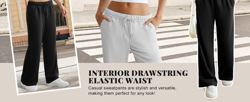 Dlooda Women's Wide Leg Sweatpants with Pockets Elastic Waisted Lounge Casual Trousers in 3+ Colors Y2K Style Loose Fit Bottoms for Daily Wear Cotton Polyester Fabric Minimalist Design - Womenswear pants women