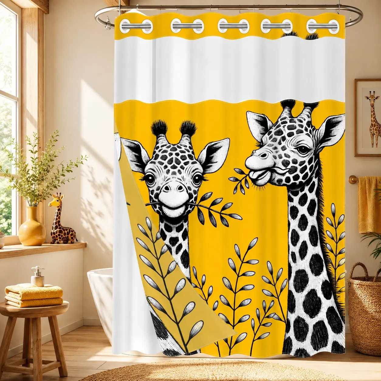 1PC 2D Flat Black & White Giraffe and Leaf Pattern Double-Layer Woven Shower Curtain, No Hooks, Transparent Top Window, Removable Snap-On Liner, Modern Safari Animal Bathroom Art Decor, Bathroom & Holiday Decoration
