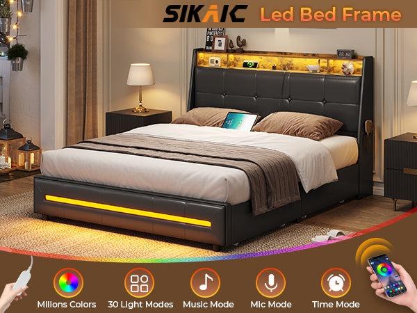 Sikaic 4 Storage Drawers LED Bed Frame with Charging Station Black Furniture Home Modern Interior Upholstered Platform