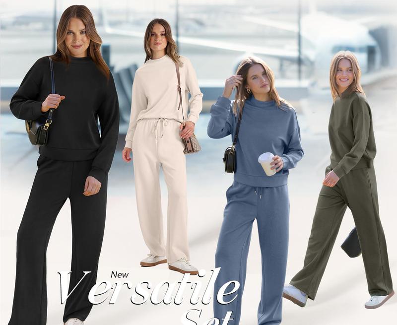 OFEEFAN Two Piece Sets for Women Fall Outfits Lounge Sets Mock Neck Tops Wide Leg Pants Vacation Travel Airport Outfits Casual Long Sleeve