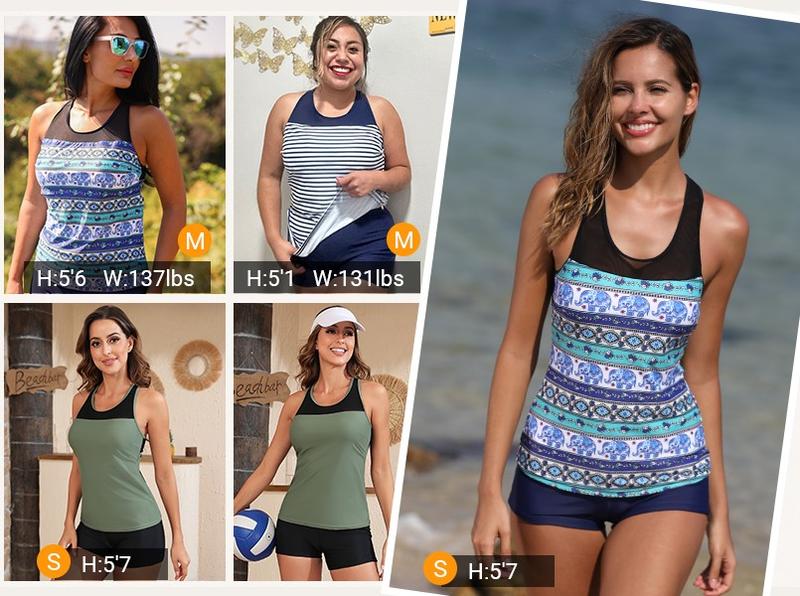 Yonique Women's Two Piece Athletic Tankini Swimsuits with Shorts, Mesh Shoulder Racerback Tank Top & Mid-Waist Solid Boy Shorts, Two-Piece Sporty Swimwear with Boy-Leg Bottoms