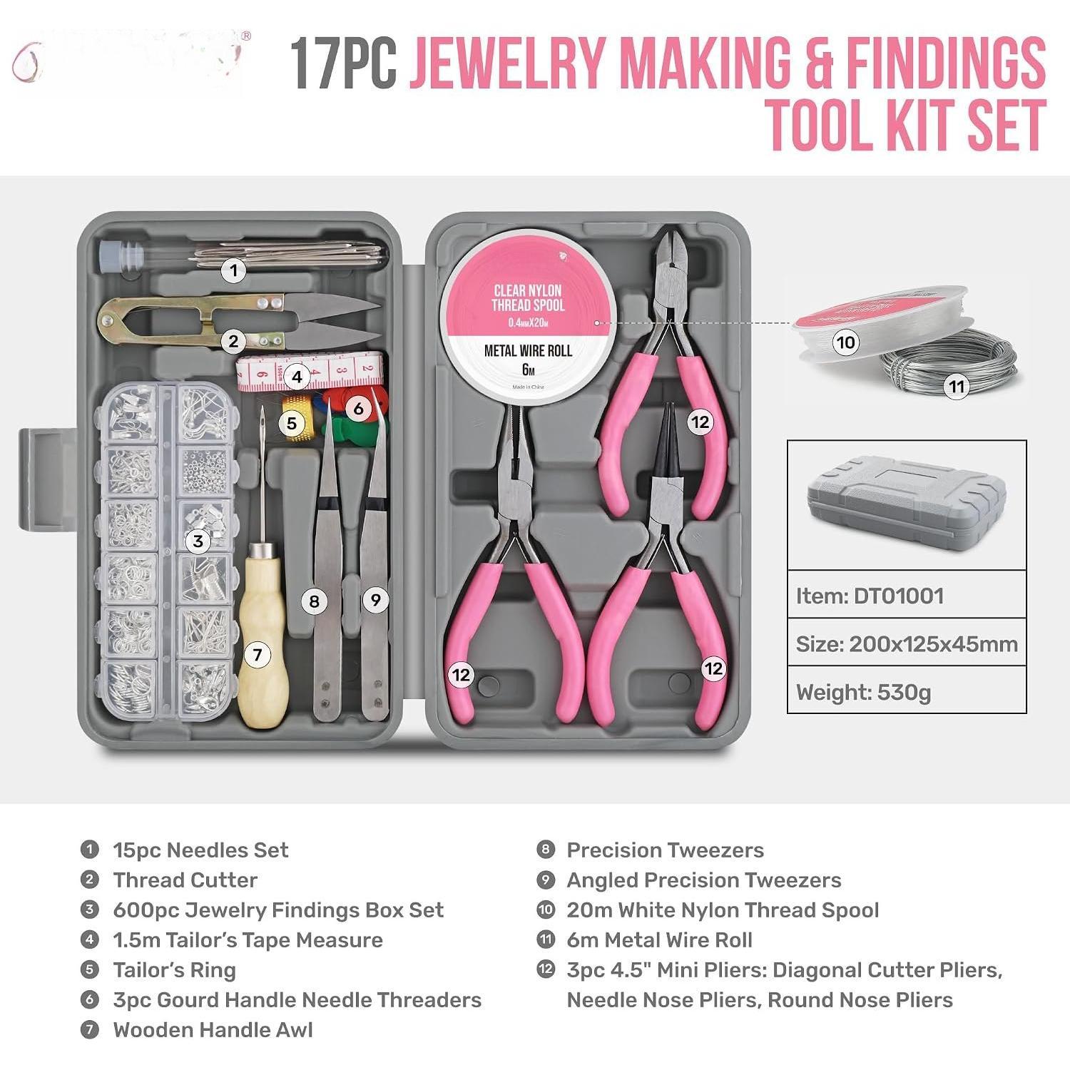 Making Supplies Kit for Adults with Findings Accessories | 17 count, findings storage box, pliers and wires included, bracelet and earring projects, creative repairs, sorted accessories