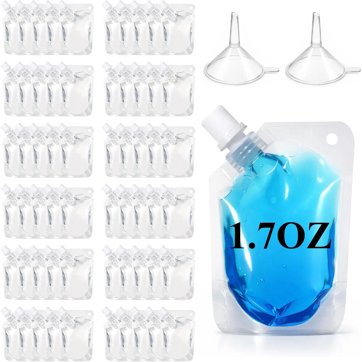 100 count Plastic Drink Pouches Bulk, 1.7 oz  Drink Pouches with Funnel, Leakproof Squeeze Juice Pouch for Travel, Clear Slanted Spouted  Grade Drinking Bags for Liquid