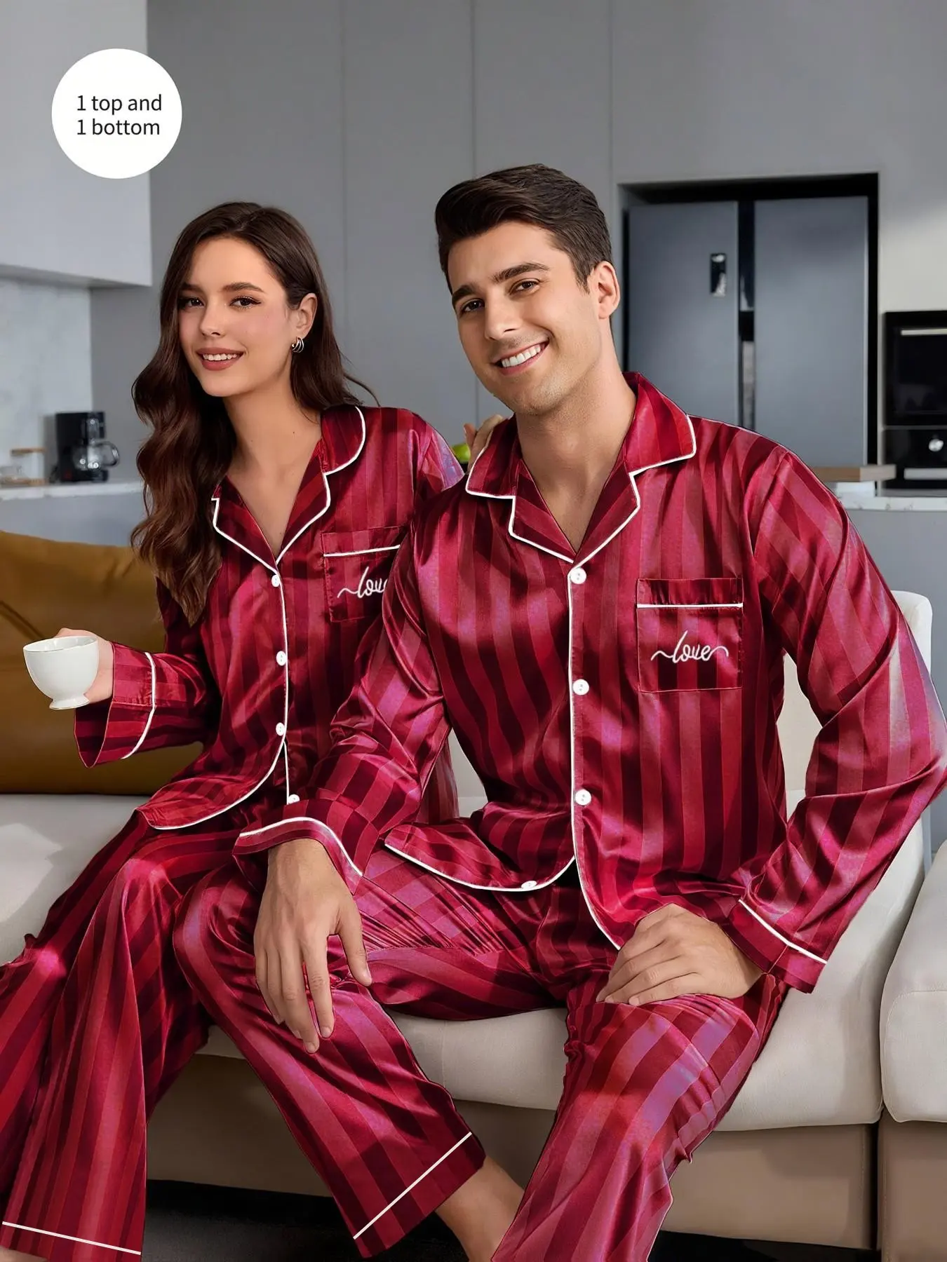 Couple's Autumn/Winter Luxury Pajama Set: Satin Collared Cardigan, Long-Sleeved Top, and Pants Two-Piece Set with 'LOVE' Print Pattern on the Chest; Loose-fitting Wide-Leg Pajama Set; Autumn/Winter Home Pajamas, Casual Pajamas, Men's Pajamas
