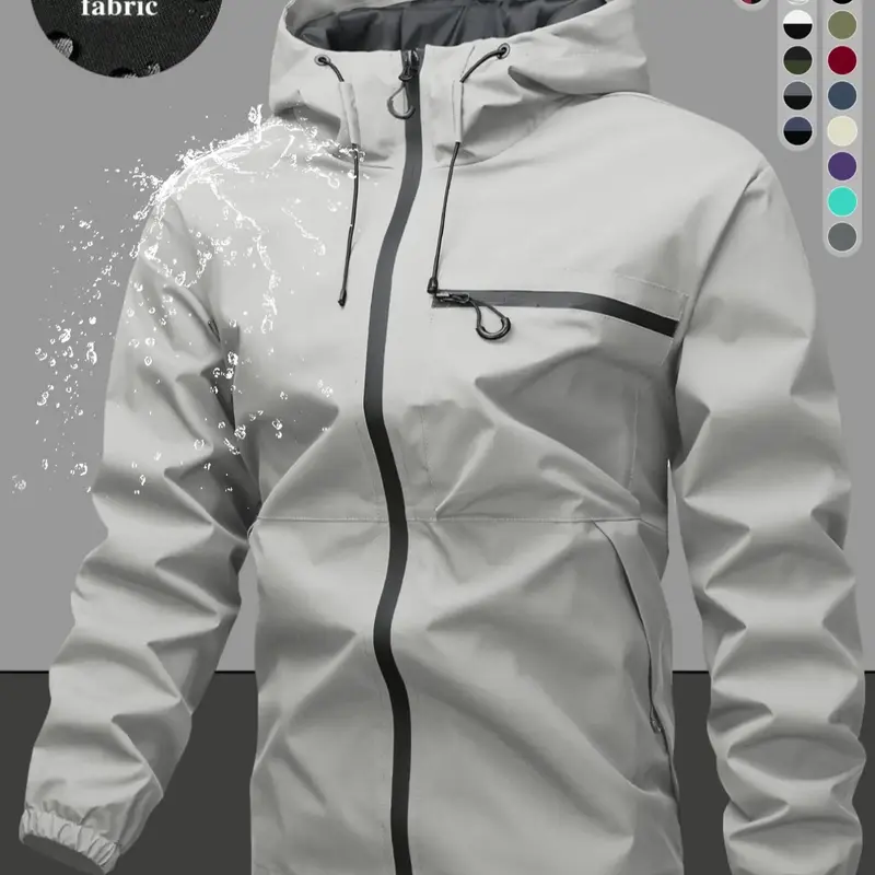 Men's Casual Hooded Jacket, Large Pockets, Soft Shell, Lightweight Outdoor Coat, Waterproof Zipper, All Season Fashion Outerwear