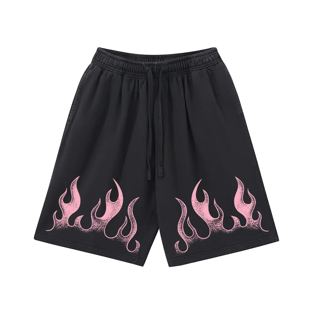 Unisex Pink Flame Graphic Sweat Shorts Vintage Streetwear Drawstring Loose Five Points Shorts Summer Washed Casual Sports Shorts