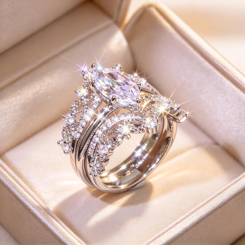 3 Piece Stackable Ring Set with Marquise Cut Center Stone, Ornate Halo Pave Matching Bands for Women, Gift for Valentine’s Day, Christmas, Anniversary and Proposal