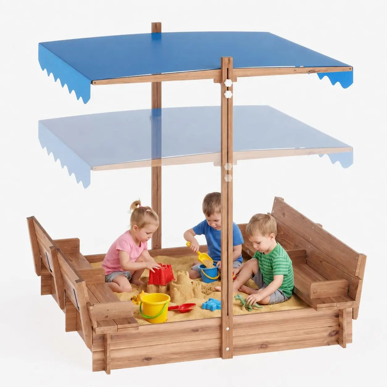 Kids Wooden Sandbox with Adjustable Canopy Cover, 47.2'' x 47.2'' | Fold-Down Bench Seats, Interlock Board Structure, Fir & Pine Backyard Sandpit Plays, Ages 3+, Patio, Garden, Yard
