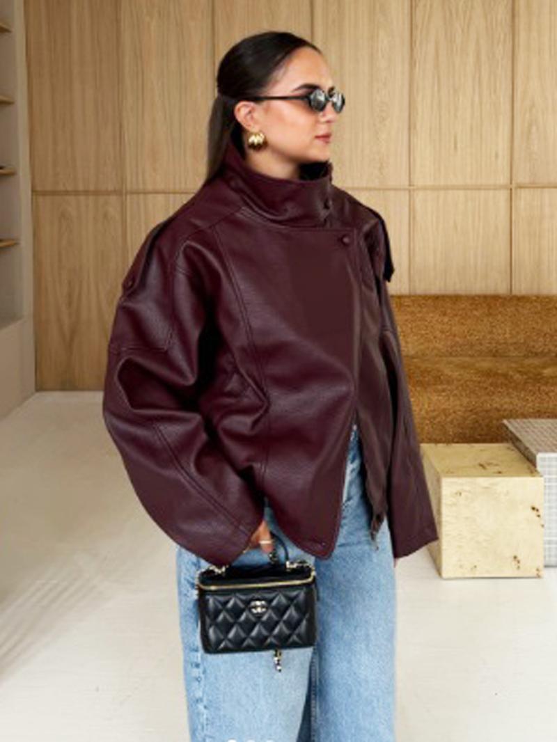 Women's Faux Leather Jacket New In Coats Demi-Season Black Brown Jacket Short Coat Spring Asymmetric Zip Motorcycle Jacket Streetwear Long Sleeve Red Aviator Jacket Womens Coat