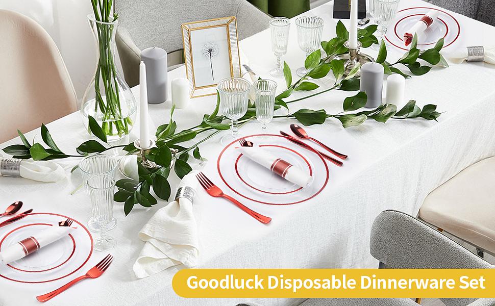 Goodluck 175-Piece Red Plastic Dinnerware Set for 25 Guests Includes 25 Dinner Plates 25 Dessert Plates 25 Pre-Rolled Napkins Cutlery & 25 Cups Ideal for Weddings Birthdays Parties