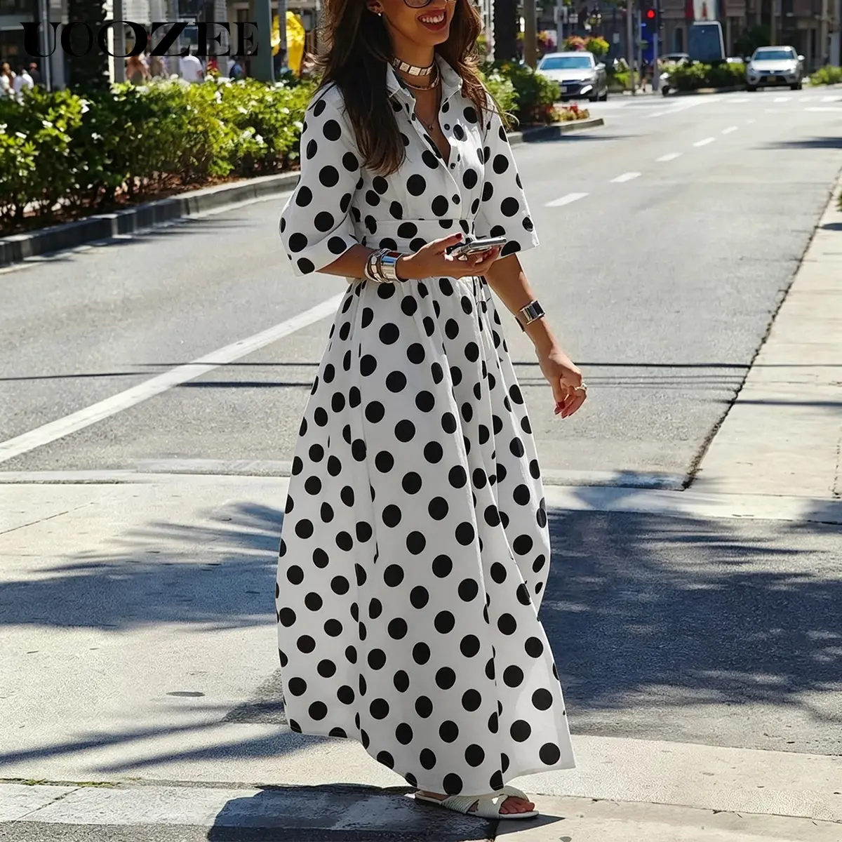 UOOZEE Women's Vintage Polka Dot Shirt Dress - Collared 3/4 Sleeve Adjustable Belted A-Line Maxi with Pockets, Smooth Polyester for Office Streetwear, Matching Blazer & Footwear Compatible, Flat, Strappy, Breathable, Fit, Casual