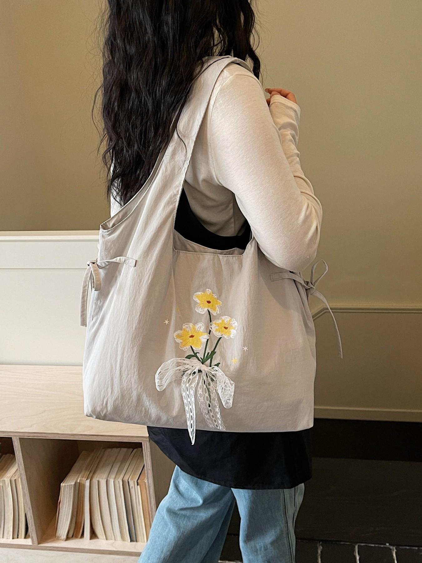 Lightweight Nylon Tote Bag, Floral Butterfly Knot Design, Casual Sweet Shoulder Bag, Ideal for Shopping and Daily Use, Perfect for Students