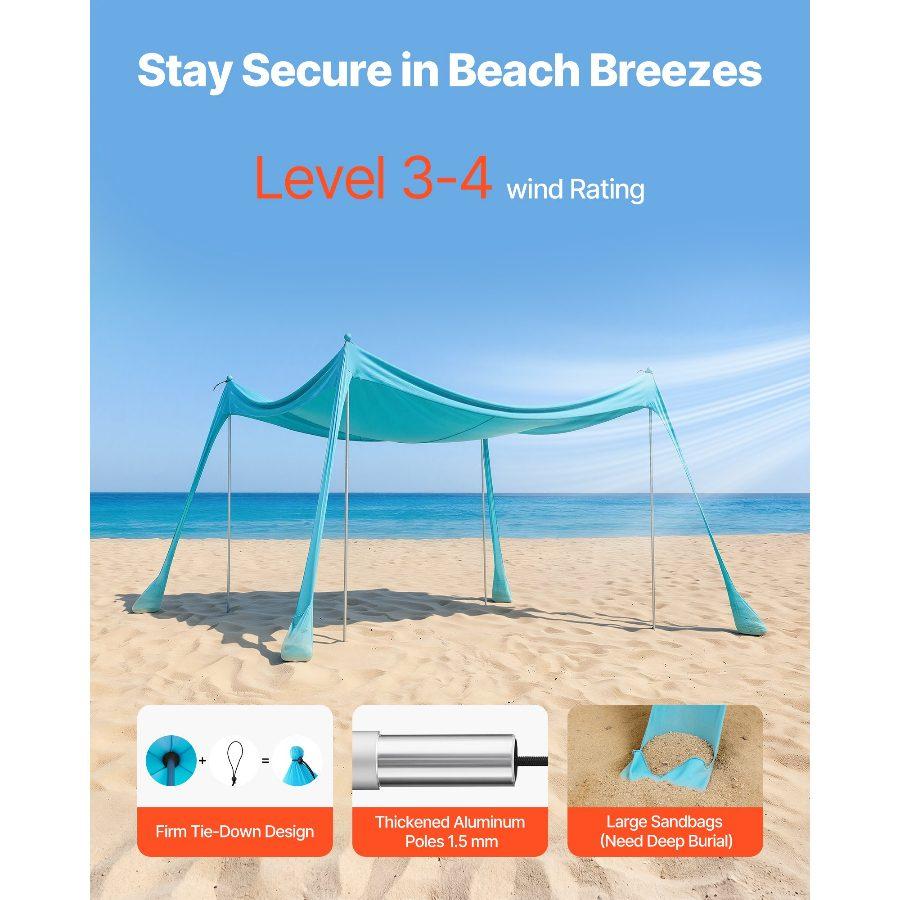 VEVOR Beach Tent Sun Shelter, UPF50+ Sun Protection, 6.6 ft Tall, 10x 10 ft, Easy Pop Up Beach Canopy with Sandbags, Stability Poles, Sand Shovels, Portable Shade for Family Outings, Camping, Fishing
