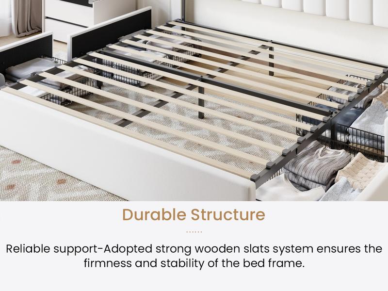 SHA CERLIN Full/Queen/King Size Storage Bed Frame with Adjustable Vertical Channel Tufted Headboard - Velvet Upholstered Platform Bed with 4 Drawers, Wooden Slats & No Box Spring Needed (White/Black/Grey) 【Frame Only No Mattress】