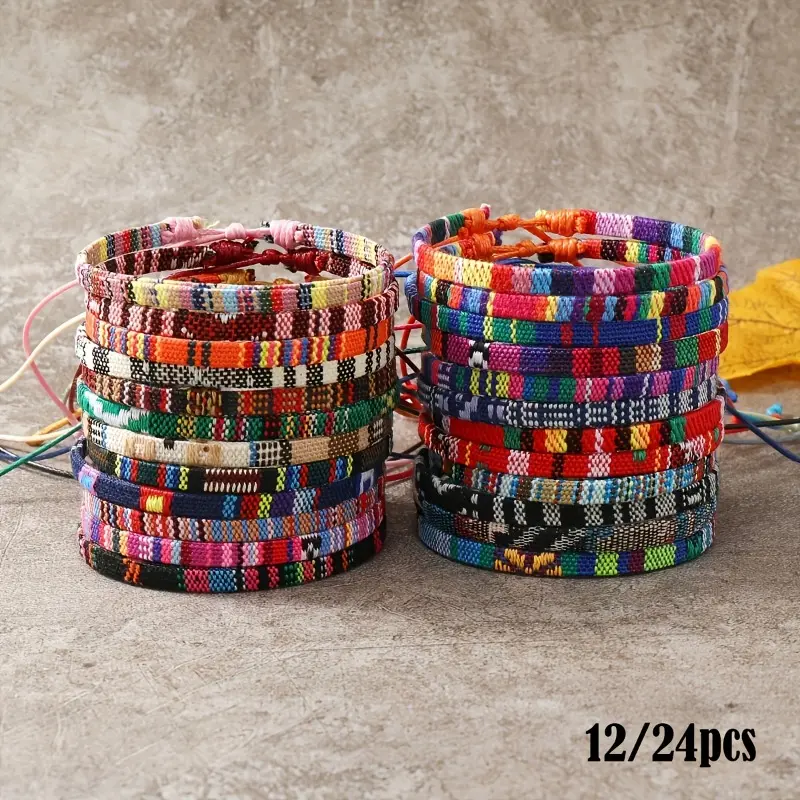 12/24pcs Bohemian Style Woven Bracelets Set, Mixed Colorful Cloth Art Friendship Surf Bracelet for Men Women