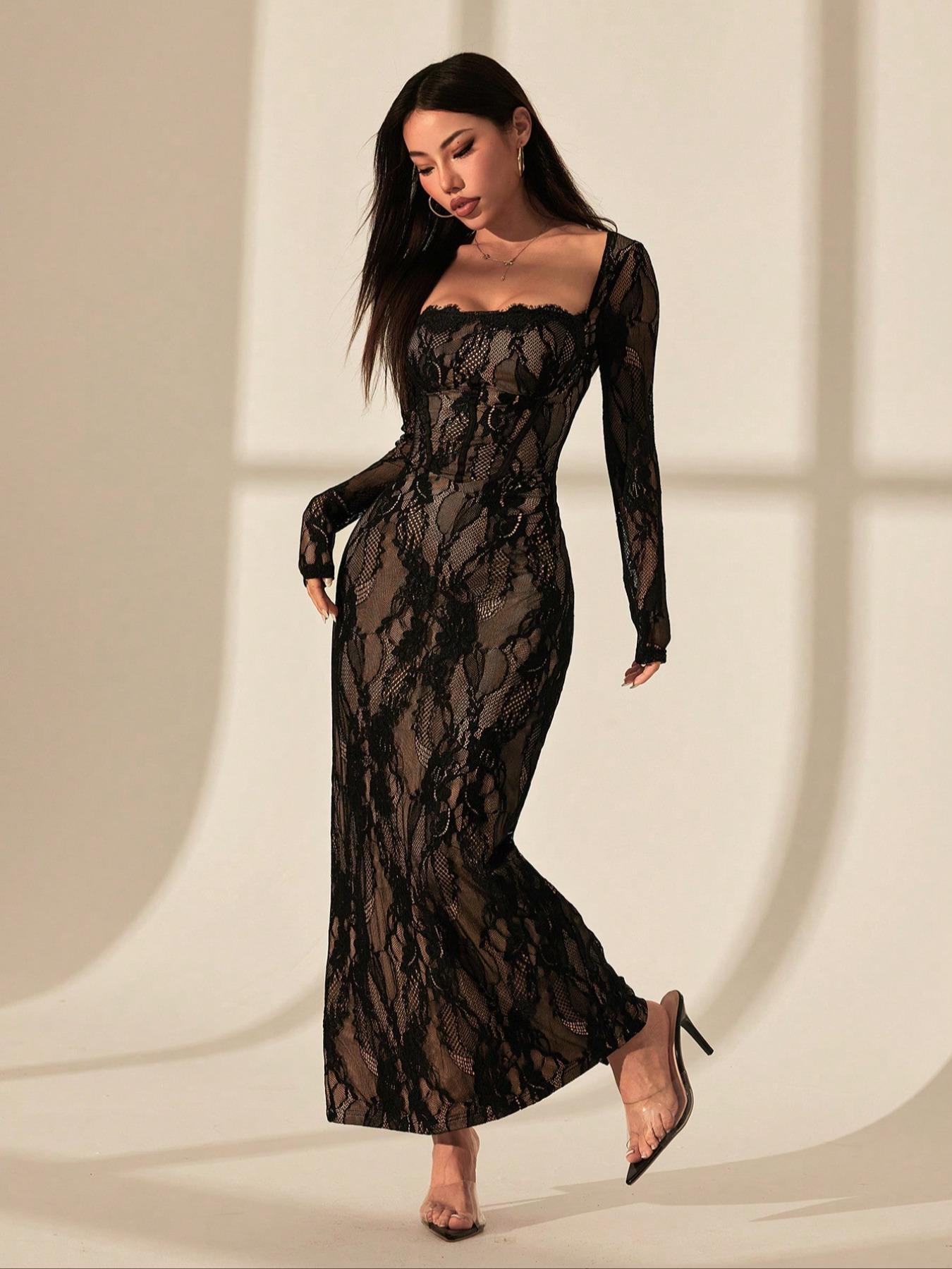 PETITE Women's New Summer Sexy S-Shaped Lace Long-Sleeved Breast Cup Fishbone Maxi Dress for Party Date Evening, Square Neck Tight Hip-Hugging Black Prom Dress, Formal Wear