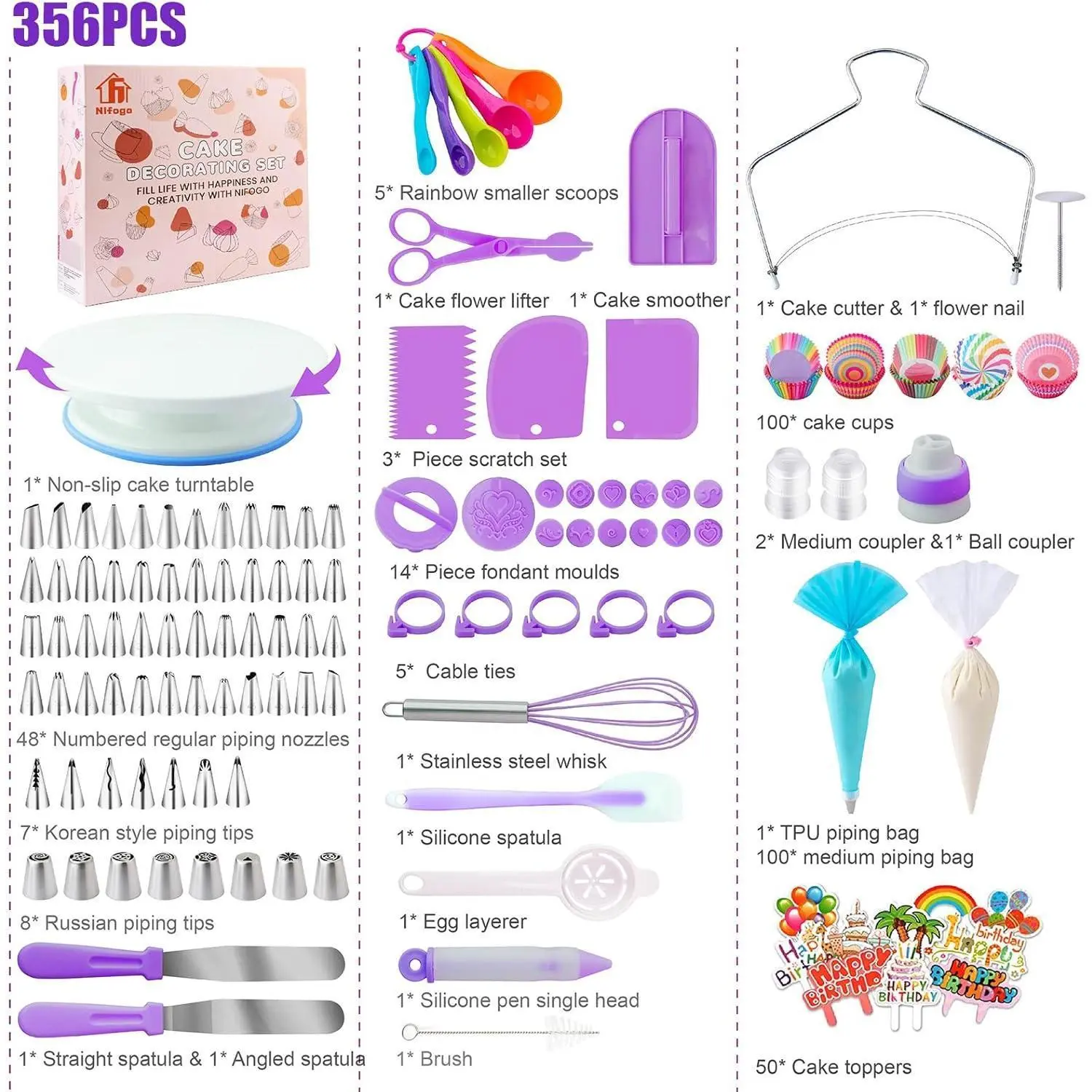 Nifogo 356pcs Home Supplies Cake Decorating Kit - Lightweight Stainless Steel Angled Blades, Non-Slip 360° Cake Spin Turntable, Piping Bag, Icing Tips, Spatula, Scraper, Cupcake Liners for Decorative Dessert Beginners