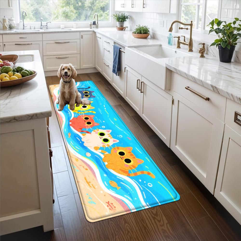 1PC， Colorful Cats on the Beach Patterned strip rugs, home décor, bathroom mats, entryway mats, bathroom non-slip mats, indoor entrance rugs, bedroom bedside mats, kitchen mats, hallway rugs, flannel sponge rugs, hallway runner rugs