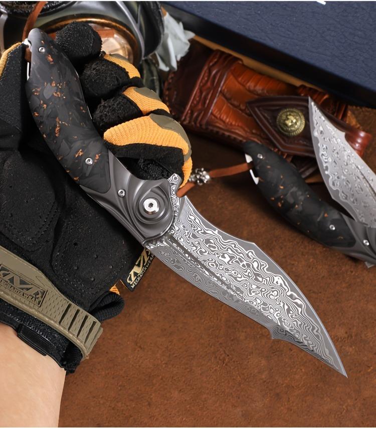 ALVELY Men's Tactical EDC Pocket Knife, Handmade Damascus Steel Folding Pocket Knife with Leather Case, Liner Lock and Charcoal Handle, Pocket Clip, Mountaineering Travel Camping Knife, Rescue Adventure Outdoor Suitable for Carrying