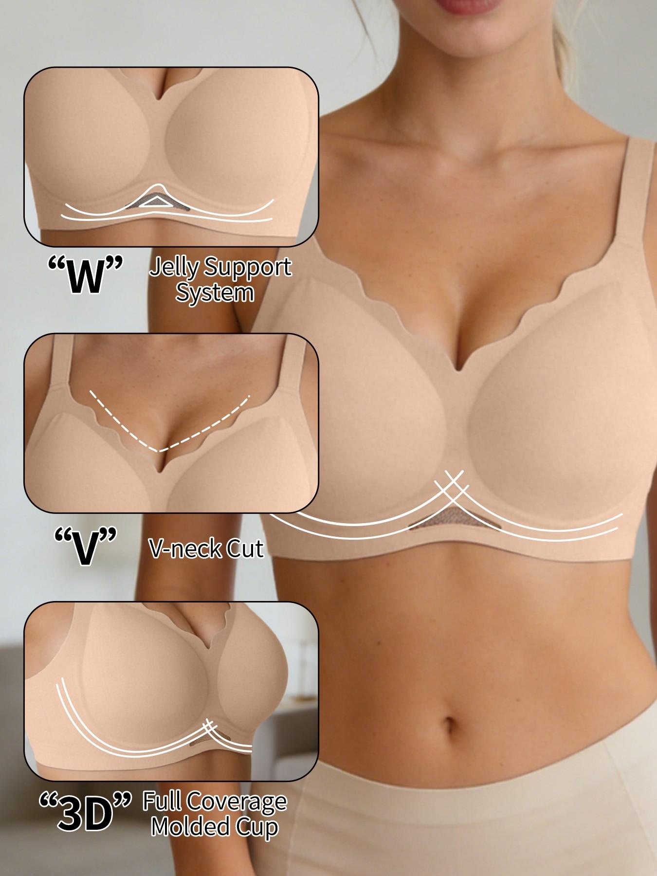 Women's Push-Up Jelly Bra, V-Neck Wave Edge Wireless Natural Lifted Bralette, Seamless Comfortable Invisible T-Shirt Lingerie, Sexy Breathable Mesh Bottom, Summer Essential, Casual All Day Comfort Bra For Home And Work And Sleep, Mother's Day Gift