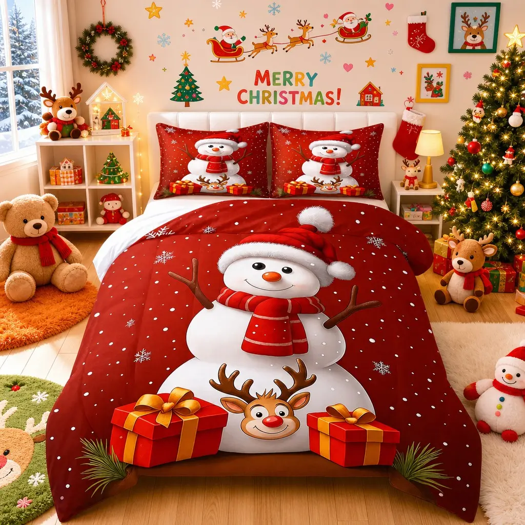 3pcs wine red background snowman elk gift printed quilted quilt set snowflake Christmas theme includes 1 striped quilt+2 pillowcases (excluding pillow core) holiday bedroom guest room dormitory bedding