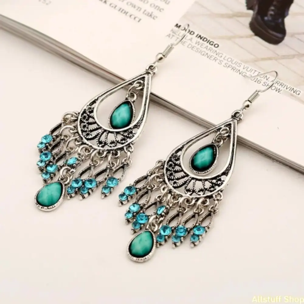 Female Elegant Fashion Dangly Earrings - Women's Vintage Bohemian Ethnic Metal Water Drop Tassel Statement Jewelry for Holiday Parties,sohochic