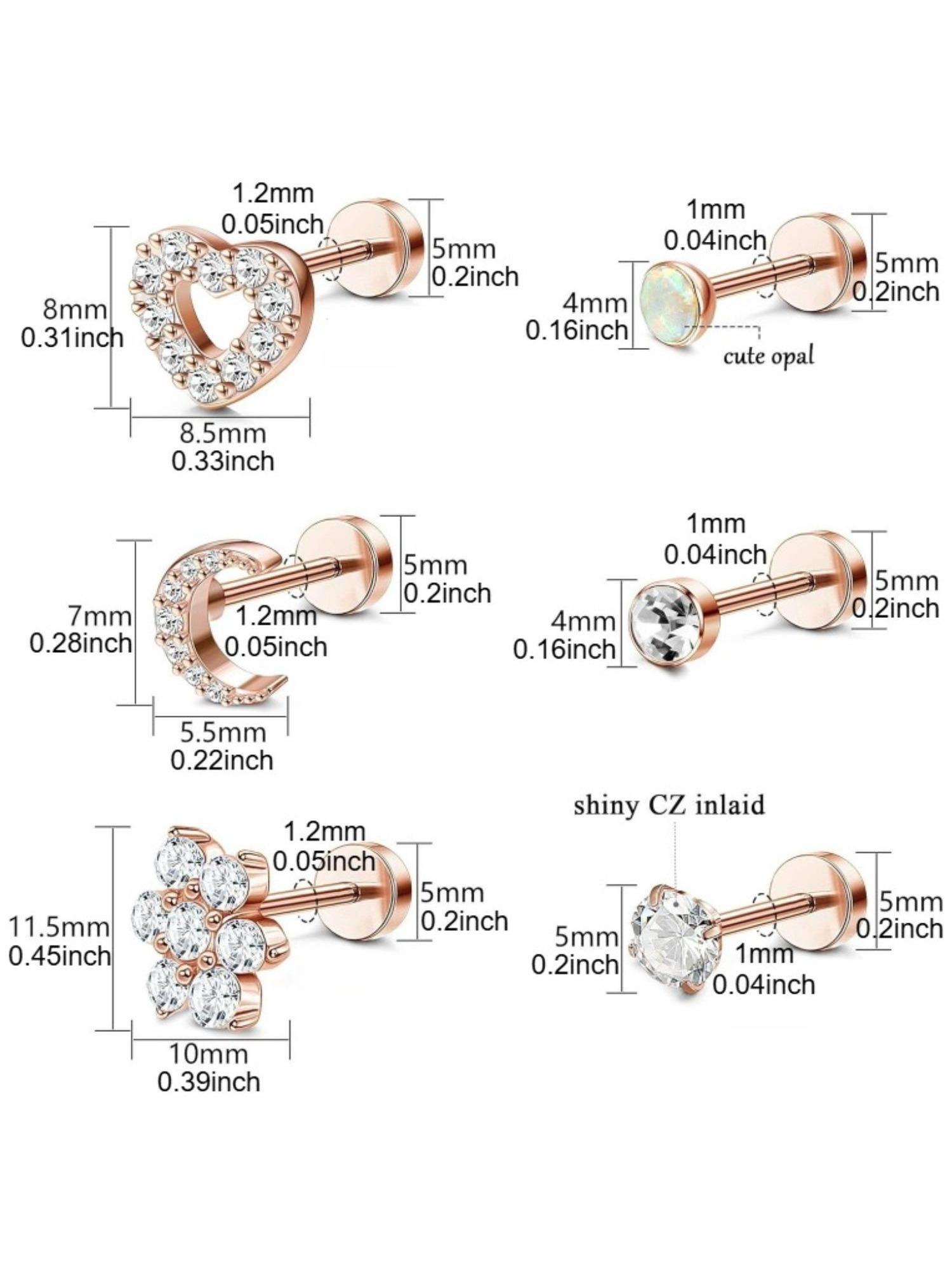 9 Pcs Aesthetic Rose Golden Piercing Pack Cute Heart Moon Flower Design with CZ Opal Hypoallergenic Stainless Steel Labret Studs Cartilage Hoops Must-Have Body Jewelry for Daily Festival Outfits