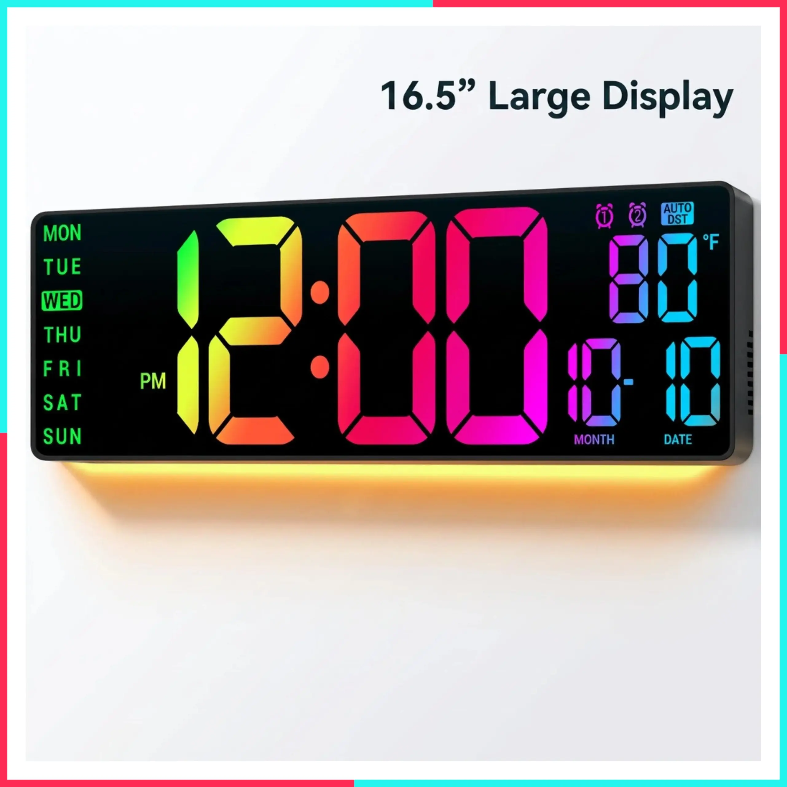 16.5" Large LED Digital Wall Clock with RGB Color Changing Display, Remote Control, 11 Modes, Dual Alarms, Temperature, Auto DST, Hangable for Gaming Room & Home Decor