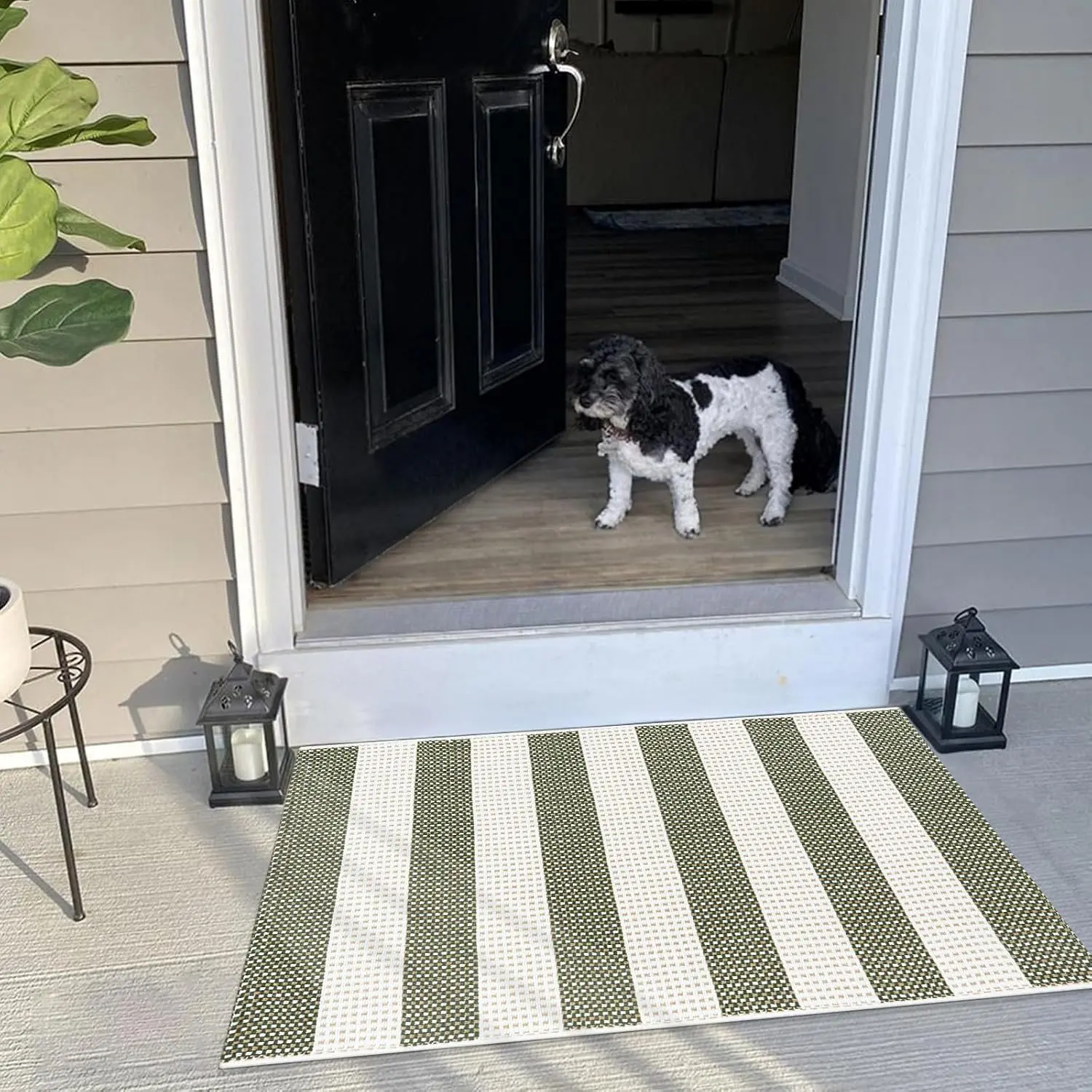 2x3 Green Outdoor Rug Washable Striped Door Mat Outdoor Entrance | Buffalo Welcome Floor Mat, Spring Outside Entryway Rugs,  Woven Indoor Outdoor Layered Doormats Front Porch Rug