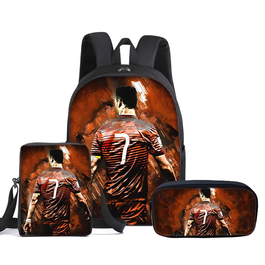 CR7 Football pattern printed 16-inch backpack three-piece set (single-layer backpack + small shoulder bag + single-layer pencil bag)