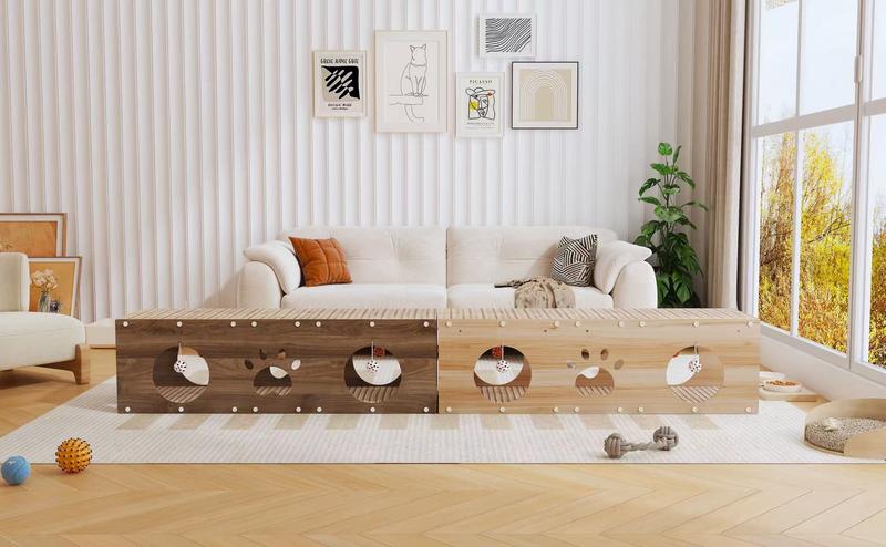 IRONCK 39" Long Large Wooden Cat House & Scratcher with Ball Toy | 2-in-1 Pet Furniture for Indoor Cats, Durable Cat Bed & Playhouse