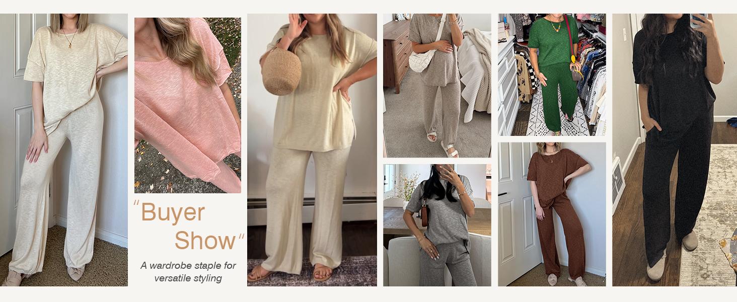 Imily Bela Women's 2 Piece Travel Outfits Casual Short Sleeve Knit Pullover Tops Wide Leg Pants Lounge Sets Tracksuit