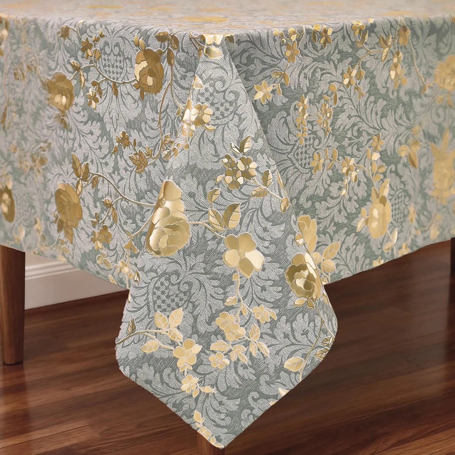 Rectangle PVC Table Cloth Elegant Gold Vine Flower Waterproof Oil-Proof Heavy Duty Vinyl Fitted Tablecloths Wipeable Washable Stain-Resistant Table Cover Dining Christmas Party (Lake Blue,54" X 78")