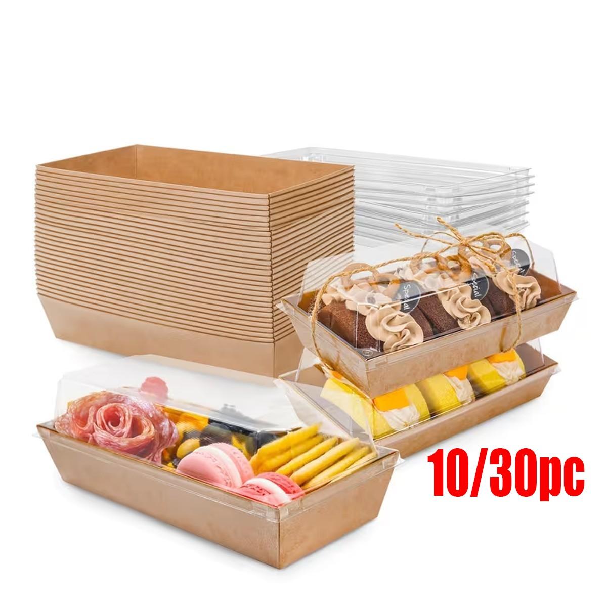 10/30pc Kraft Paper Baking Box with Transparent Plastic Lid, Rectangular Dessert Container for Donuts, Cookies, Cakes, Sandwiches, Light Snacks, Events, Premium Cake Box