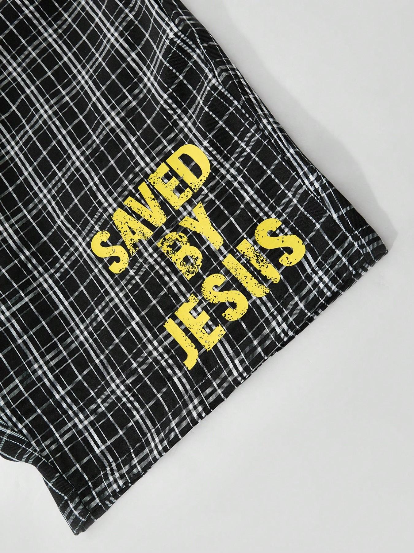 Men's Christian Two-Piece Set, Plaid Shirt + Shorts, Faith Lover Casual Streetwear, Jesus Saved, Religious Fashion