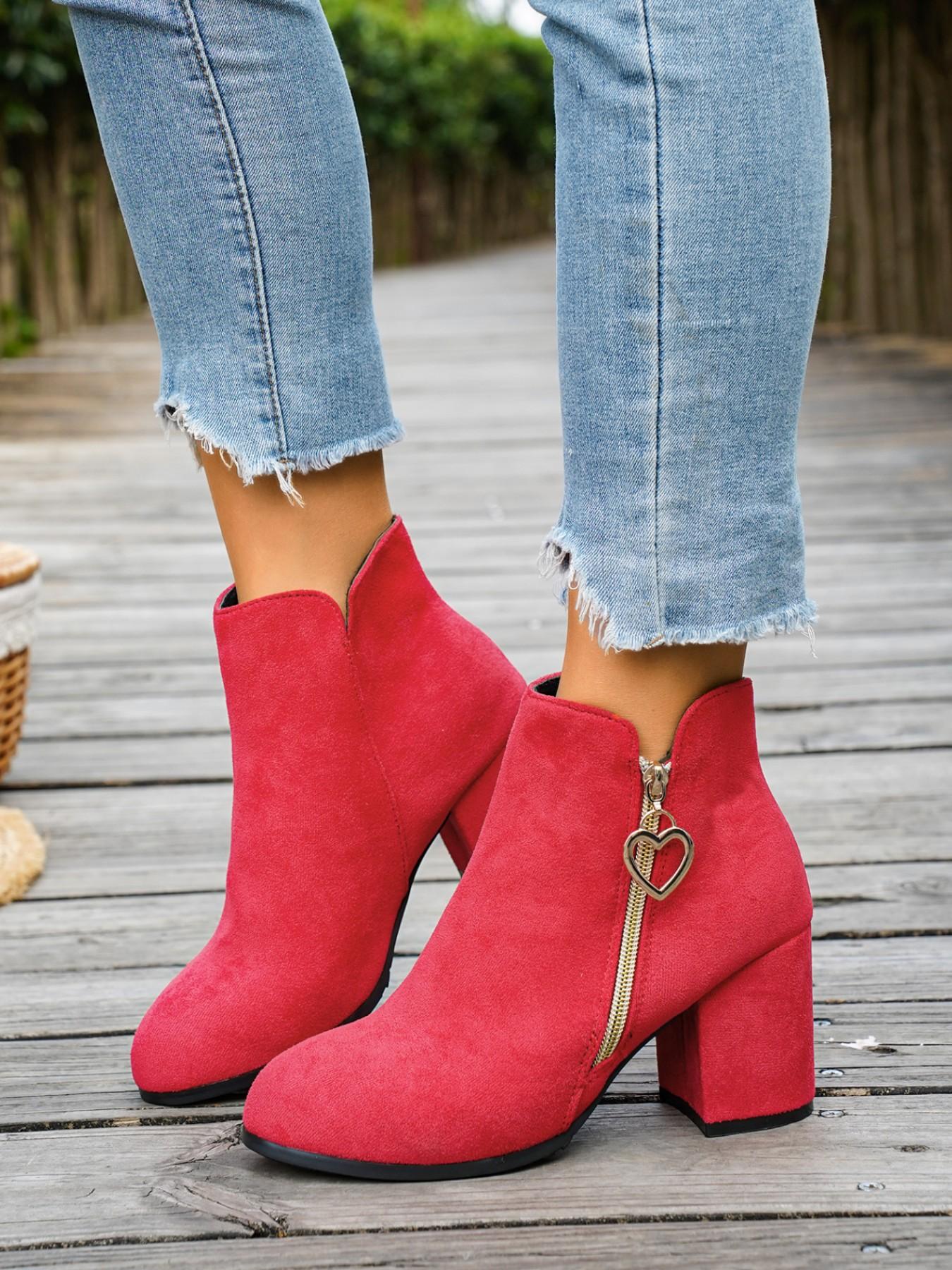 Women's Velvet Heart Zipper Chunky Heel Short Boots, Metal Heart Zipper, Faux Leather, Square Heel, Perfect for Sweet Office Style, Spring Fall