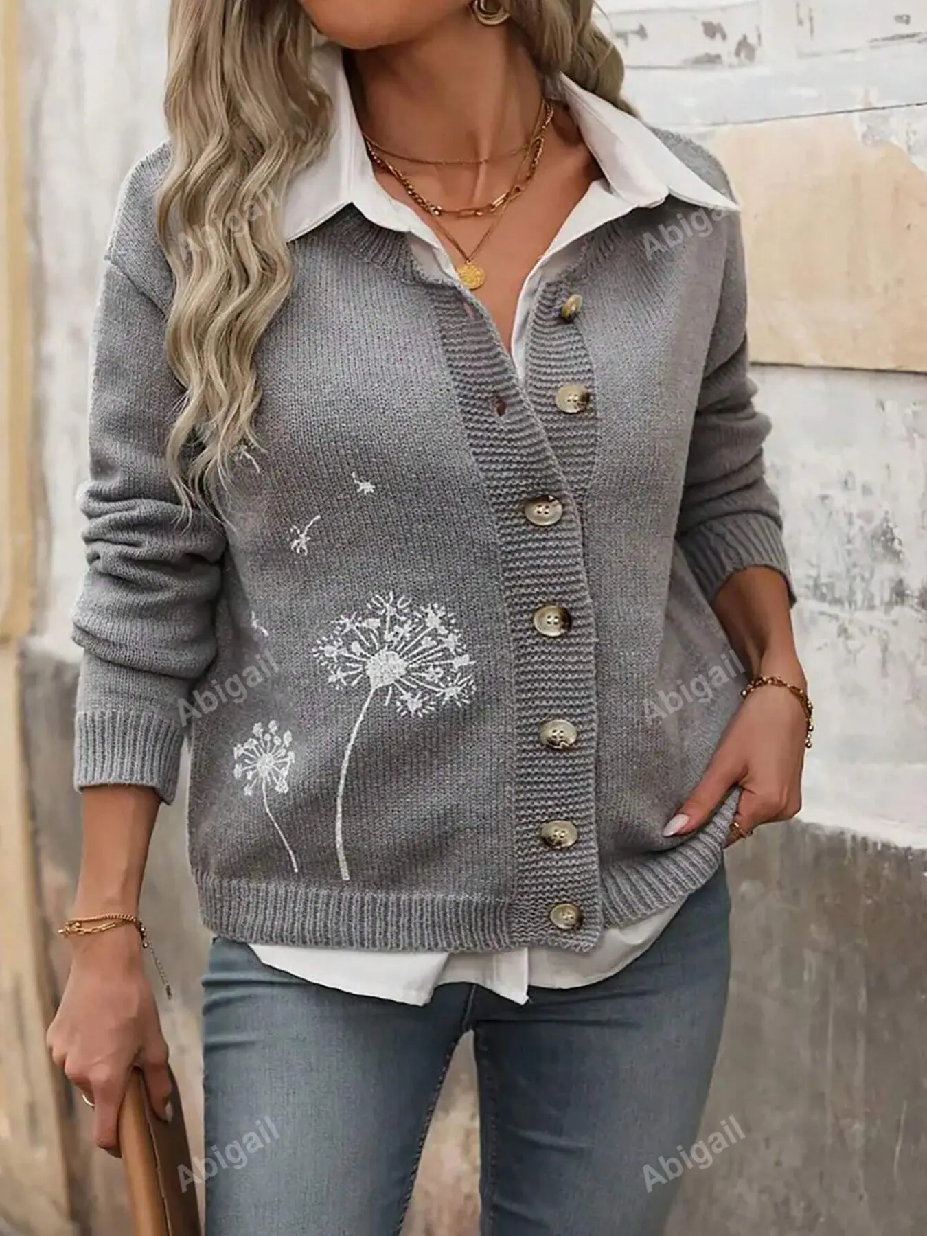 Light Dandelion Embroidered Knit Cardigan for Women, Simple V-Neck Metal Button Front Loose Long Sleeve Casual Sweater Jacket