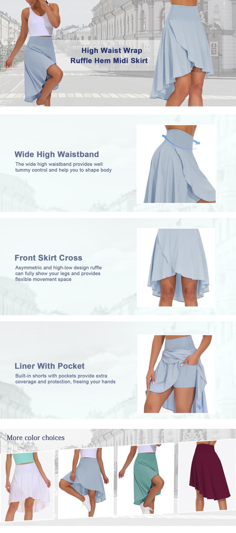 THE GYM PEOPLE Women's High Waist Flowy Ruffle Wrap Skort with Built-in Shorts – Asymmetric High-Low Hem