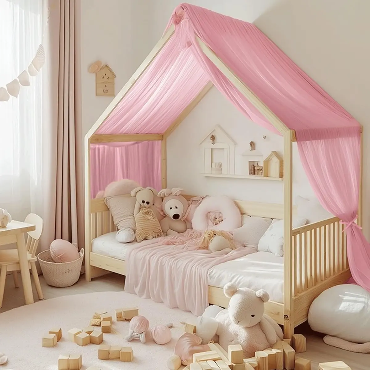 Decorative Pink Voile Sheer Bed Canopy for Kids Room - Toddler Bed Drapes Curtain Scarf Valance, DIY Bedroom Decor, 1 Panel, W114 x L180Gift