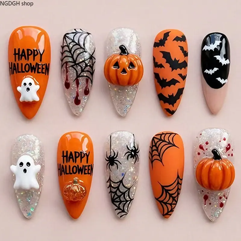 HalloweenThemedAlmondFalseNails,3D PumpkinGhostDecor,BatCobwebBloodPattern,GlitterPressOnNailsWithGlueTabs,ReusableNailDecorationForHolidayMakeupParty