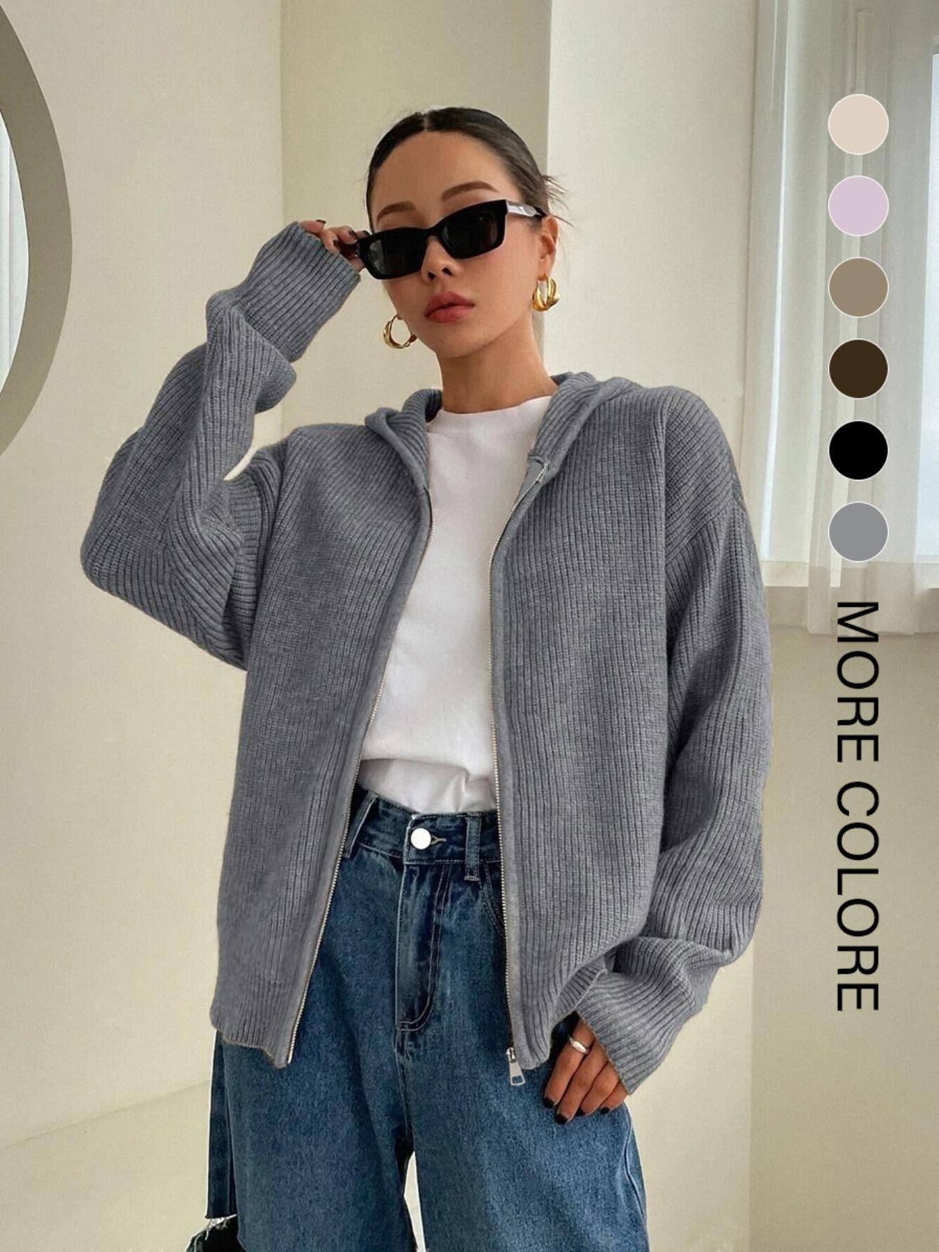 Women's Solid Zip-Up Hooded Sweater Cardigan, Casual Drop- Shoulder Long-Sleeve Cardigan, Women Knitwear for Fall & Winter Daily Wear