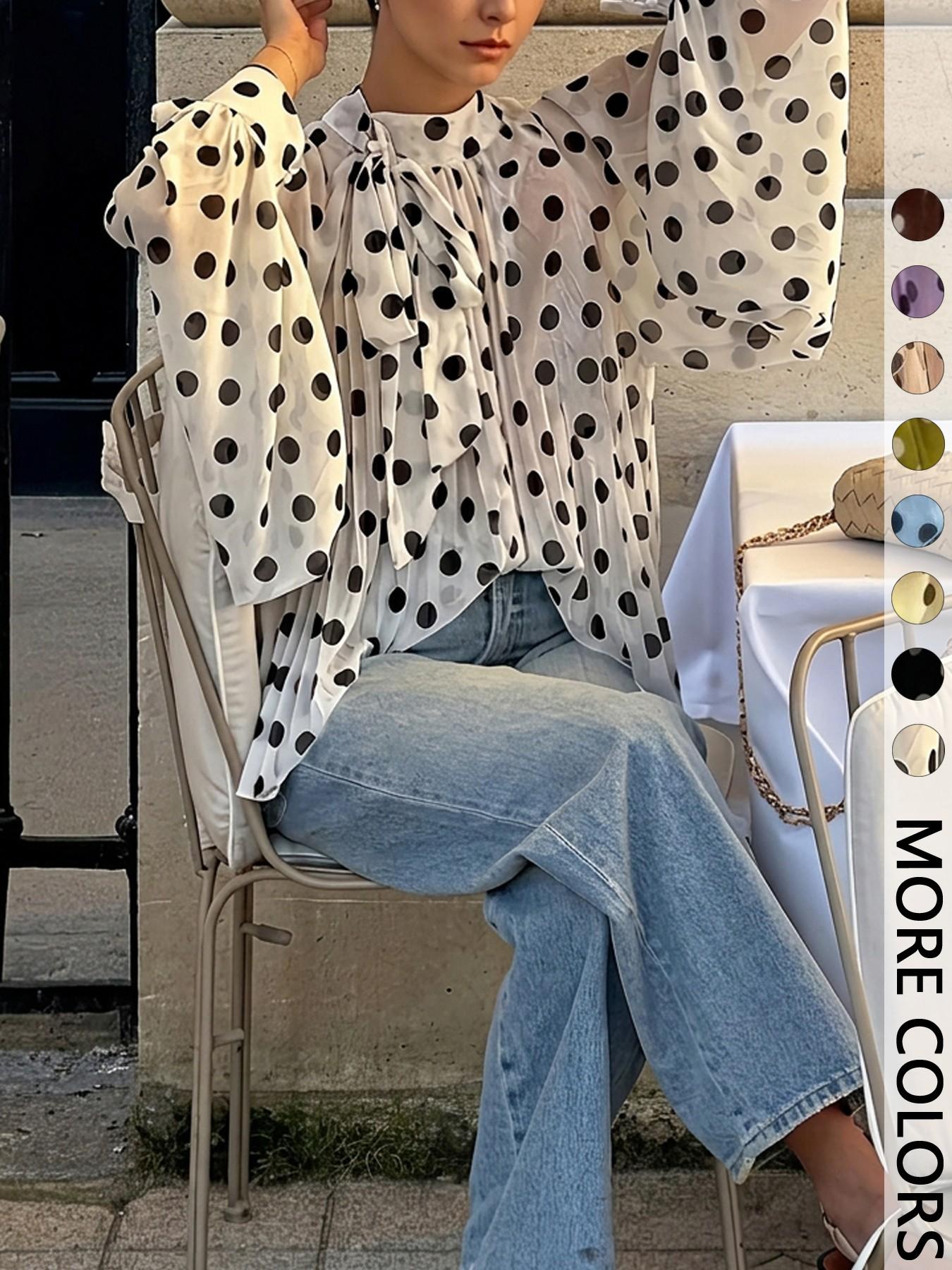 Women's Polka Dot Sheer Chiffon Blouse, Bow Tie Neck & Long-Sleeve Top, Loose Fit Elegant Feminine Shirt for Casual Daily, Party, Commute & Vacation Wear, Spring Summer Layering