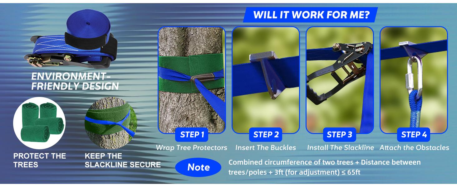 Ninja Warrior Obstacle Course Kids - 2 x 65ft Double Slacklines -Plenty of Exciting Obstacle Net Net Rope Ladder Monkey Bars - Ninja Course for Kids Outside, Kids Obstacle Course Backyard Playground Set