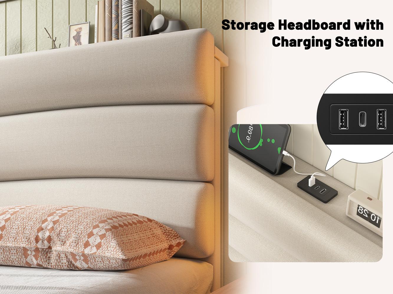 【JumpStar Sale】Raybee Quiet Luxury Upholstered Bed Frames for Queen with Headboard & Charging Station, No Mattress,Bed Frame with Storage Shelf, Flatform Bed Frame Holds 880LBS, No Noise, No Box Spring Needed, Twin, Full,King, Beige, Gray