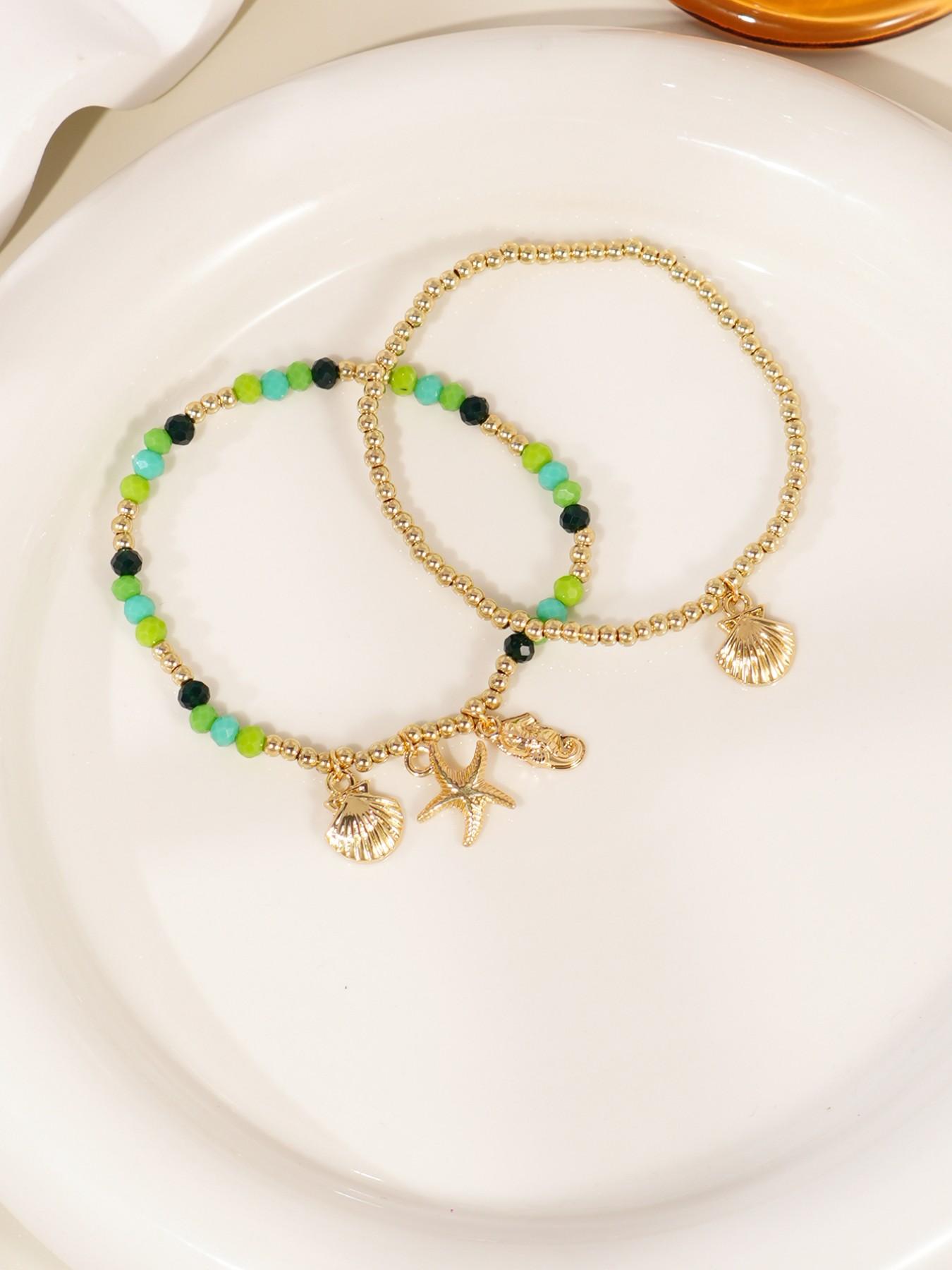 Women Boho Shell Starfish Bracelet Set, Beach Vacation Party Stackable Jewelry, Ccb Material, No Choking Hazard, Ca Prop 65 Compliant