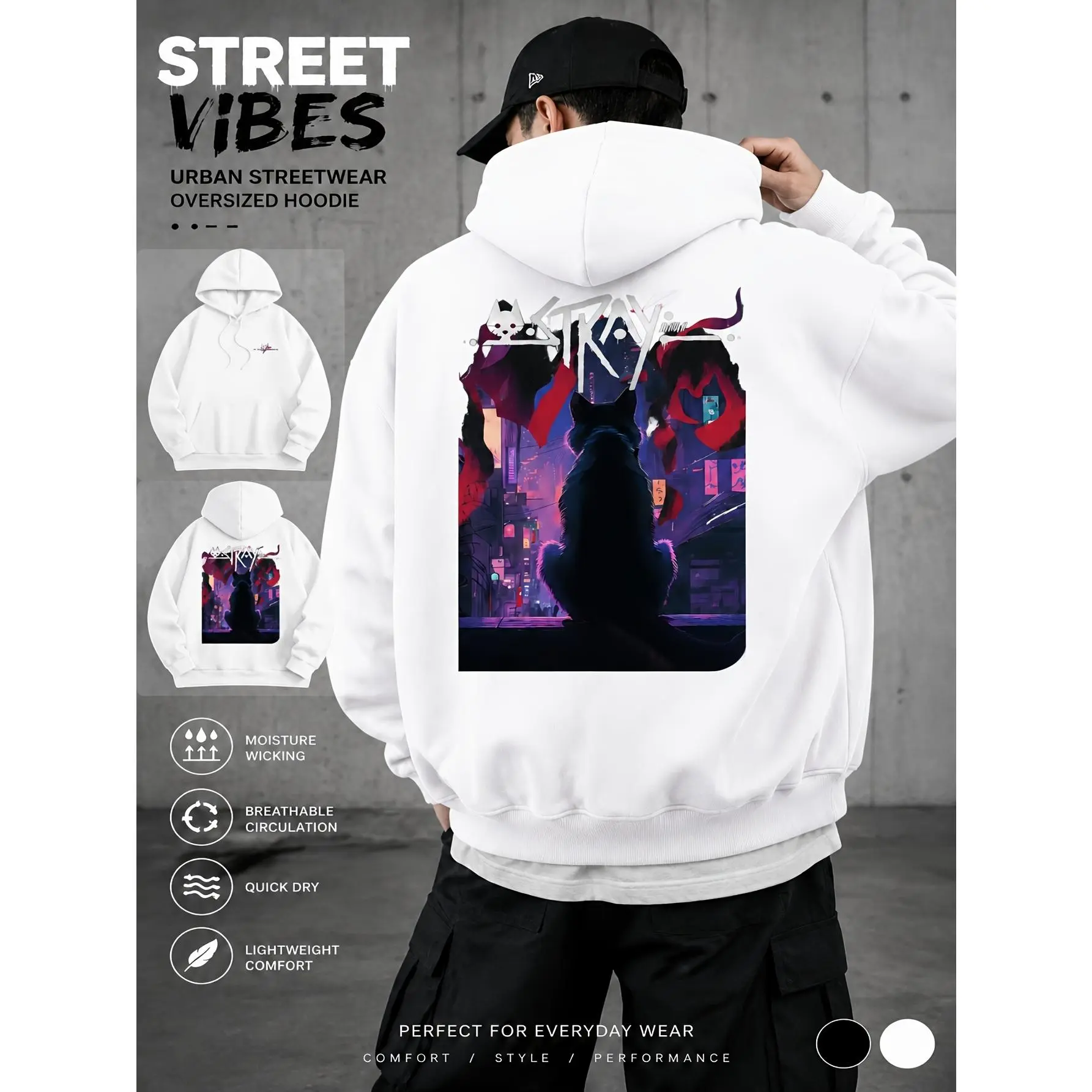 This trendy black oversized sweatshirt features a stylish cat pattern, is breathable and quick-drying, and is comfortable for everyday wear. It's suitable for street style, casual and sporty looks, and is unisex. This lightweight t-shirt with a trendy des
