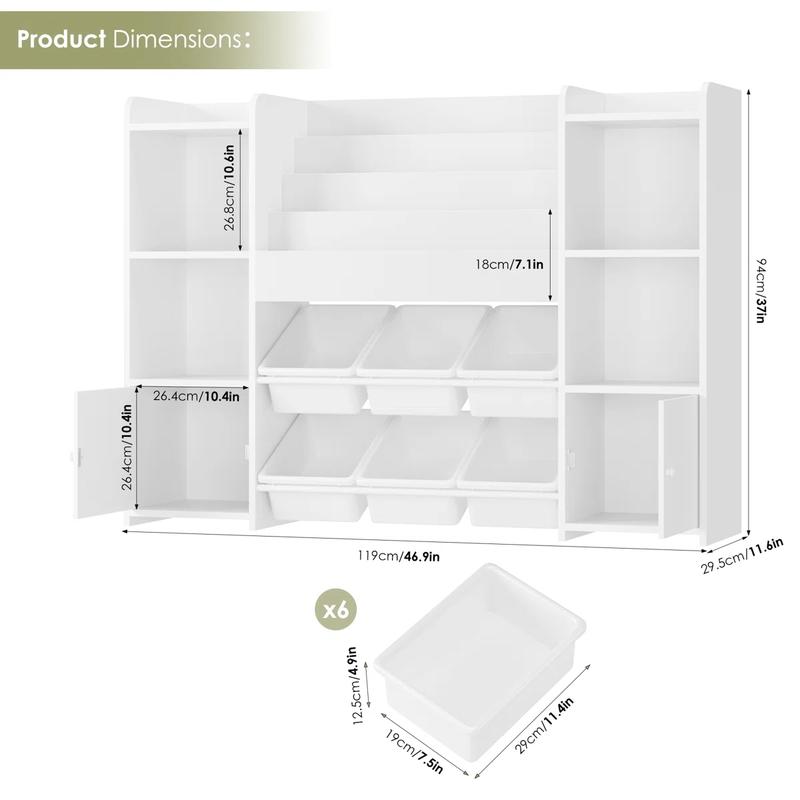 FOTOSOK Toy Storage Organizer with 6 Toy Bins, Toy Organizer Kids Bookshelf with 6 Cubbies, Multifunctional Floor Storage Chest for Playroom